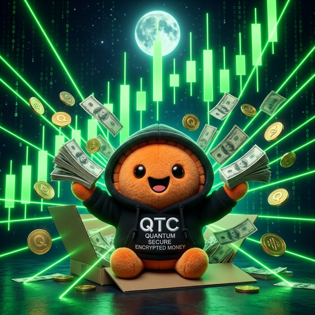 QuantusBait mascot celebrating amid green lights and playful money graphics